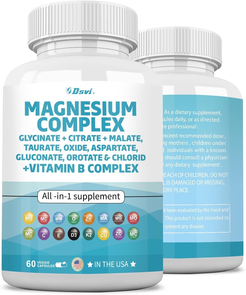 60 Licznik Magnezu Complex 2285 mg z Magnezu Glicynian Cytrynian tlenek jabłkowy Taurate Glukonian Orot & Mag Chlorek, Miedź cynkowa Mangan i Witamina C B1 B2 B6 B12 Kompleks USA