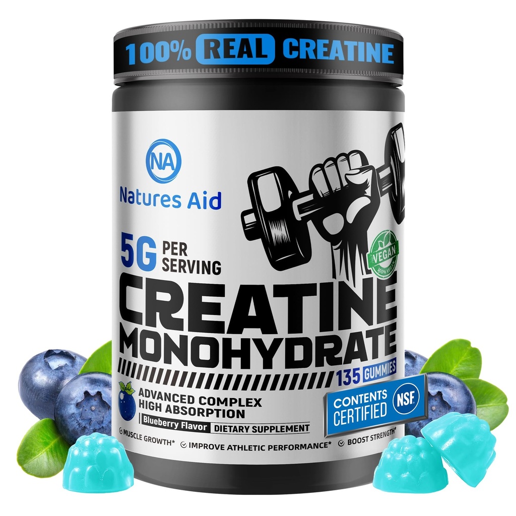 Nature Aid NSF Certified Creatine Gummy 5g - Jednowodziankowe Gummies - Wstępny trening energii i wsparcia wzrostu mięśni dla mężczyzn i kobiet 124; Blueberry Electrolyte Gummies (135 Count)