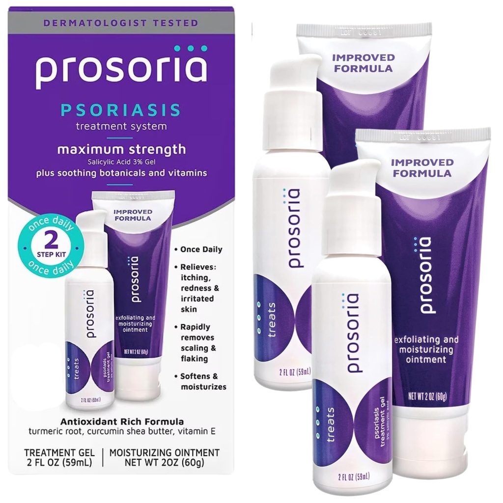 Prosoria Treatment System Double Kit - 2oz Relief łuszczyca z kwasem salmonelkowym, Turmeric, Masło Shea & Witaminy 124; Gel & Maść do skalowania, Płatki, Suchość, Swędzenie i Redness Relief
