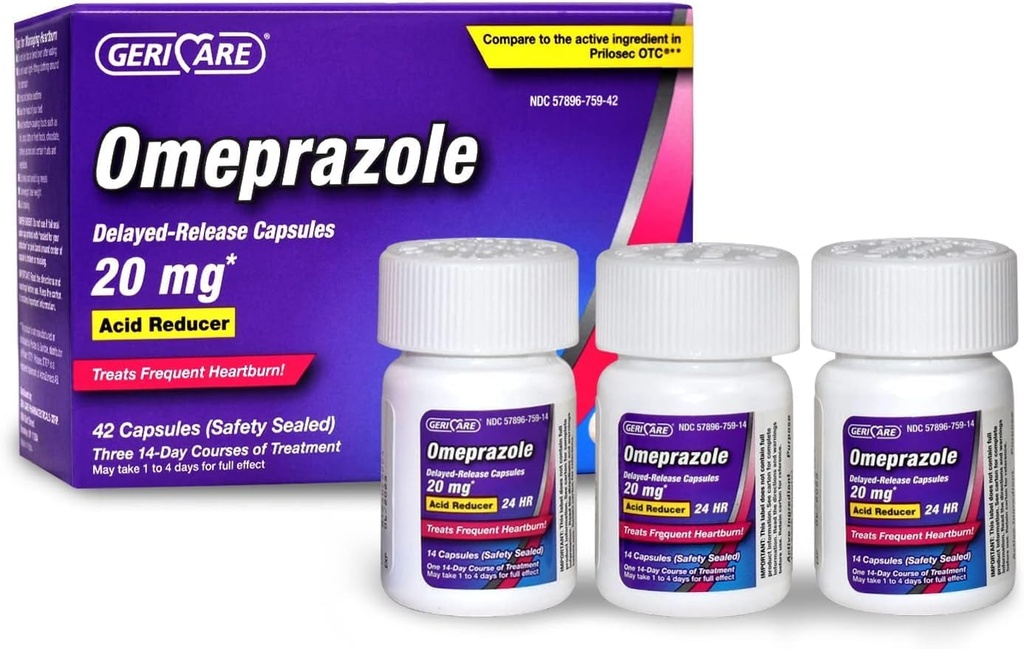 GeriCare Omeprazol Opóźnione uwalnianie kapsułki 20.6mg - Acid Reducer Pills for 24 Hour Heartburn Relief - Acid Refluder Medicine to Treat Frequent Heartburn (42 Count)