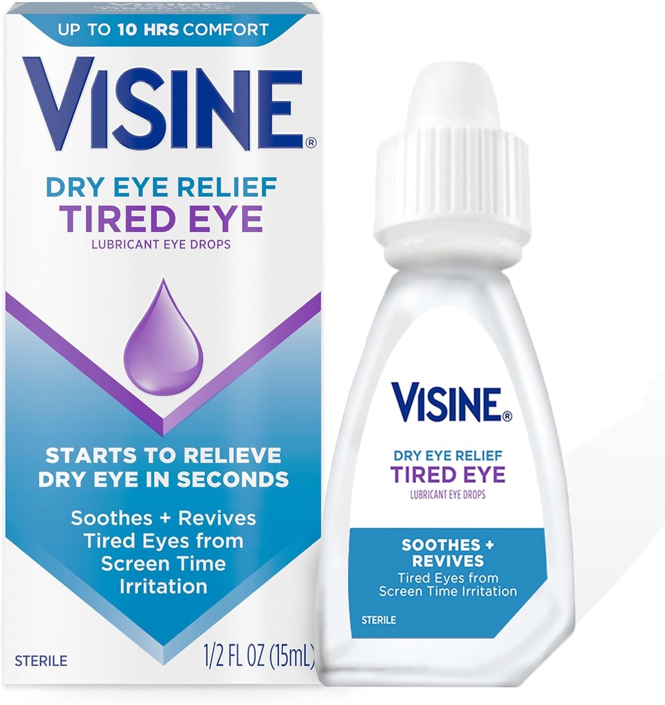 Suche oczy Visine Relief Zmęczone oko lubrykant krople do oczu, nawilżające i kojące sterylne krople do podrażnienia, suche i zmęczone oczy Ze względu na podrażnienie ekranu czasu, Glikol polietylenowy, 0,5 fl. oz