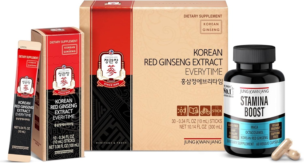 JUNG KWAN JANG Koreański Red Panax Ginseng Energy Bundle - Wyciąg Everytime 3000mg Sticks (30 Count) & Men 's Stamina Boost for Daily Vitality (60 kapsułki)