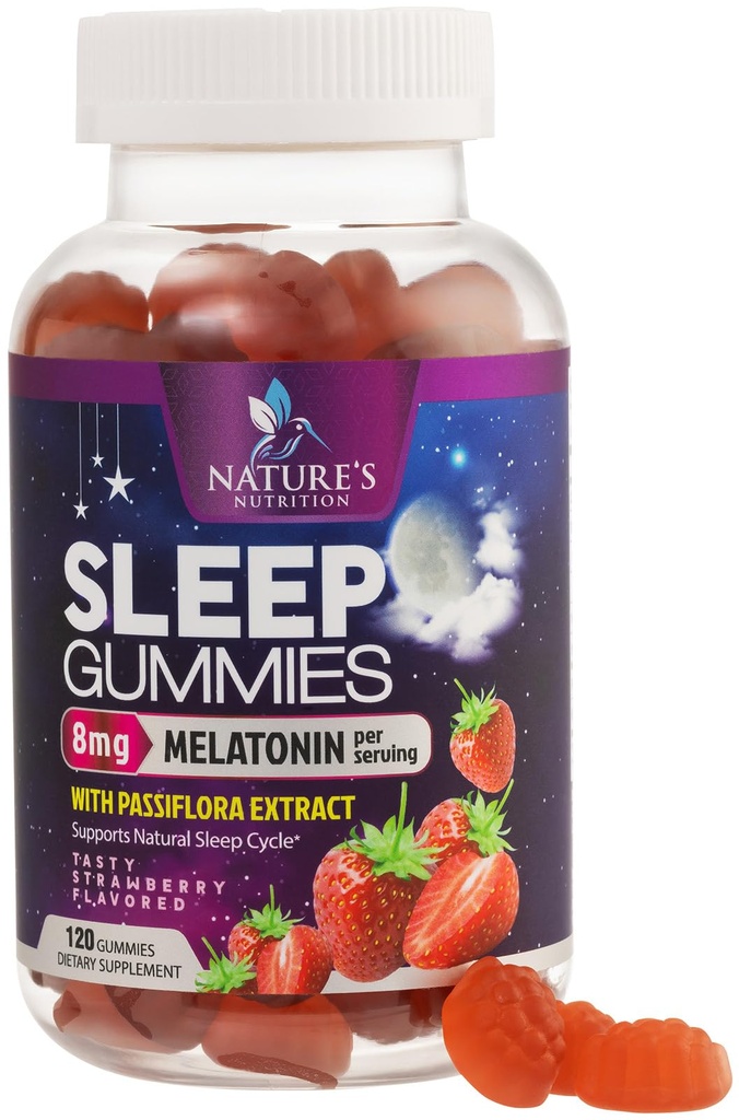Melatonina z ekstraktem Passiflora do niespokojnego snu - szybko działające melatonina Sen Gummy suplement, Wegan, Non-GMO, Smaczne truskawki Flavor - 120 Gummies