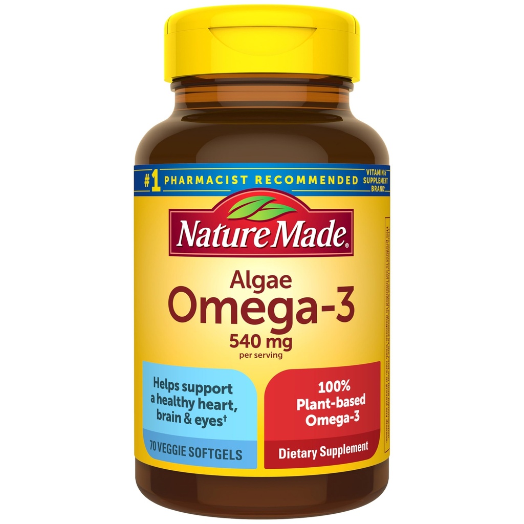 Nature Made Algae Omega Oil 3 Suplement 540mg, Omega 3 Fish Oil Alternative, 70 Veggie Softgels, Zrównoważony, Plant- Based, dla zdrowego serca, mózgu i wsparcia oczu, 70 Softgels