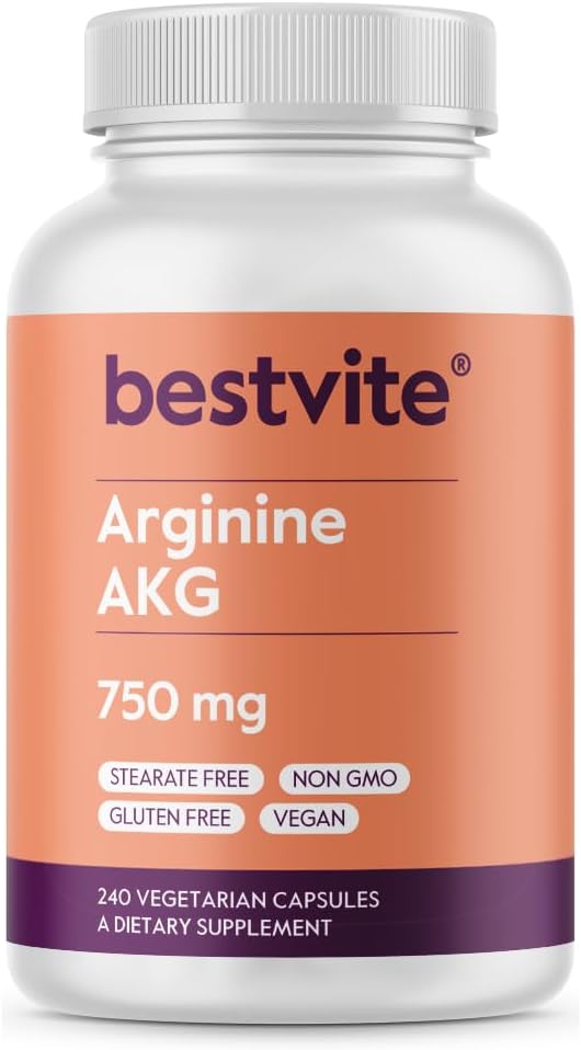 BESTVITE Arginina AKG 750mg (240 Kapsułki wegetariańskie) - Brak stearynianów - Wegan - Nie GMO - Gluten Free