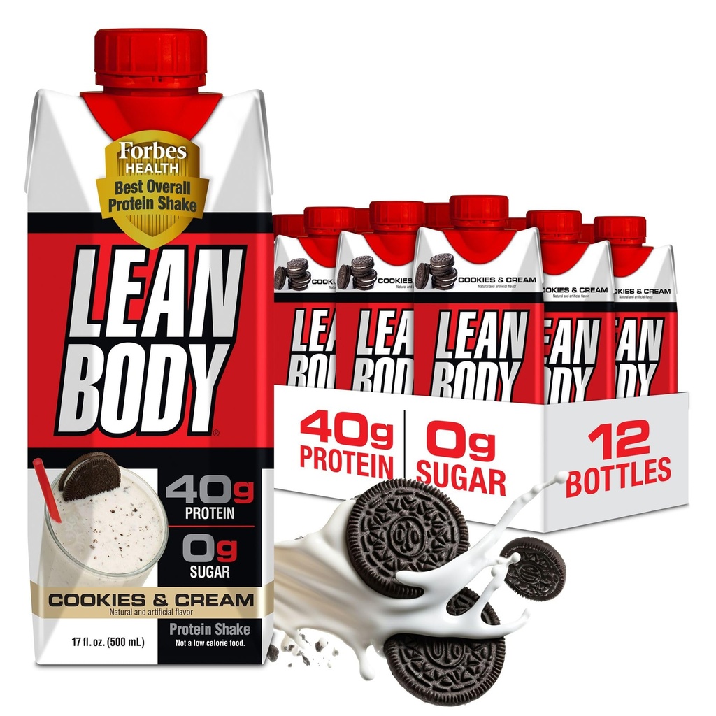 Lean Body Ready- to- Drink Cookies and Cream Protein Shake, 40g Protein, Whey Blend, 0 Sugar, Gluten No, 22 Vitamin & Minerals, (Recycling Carton & Lid - Pack of 12) LABRADA, 17 Fl Oz (Pack of 12)