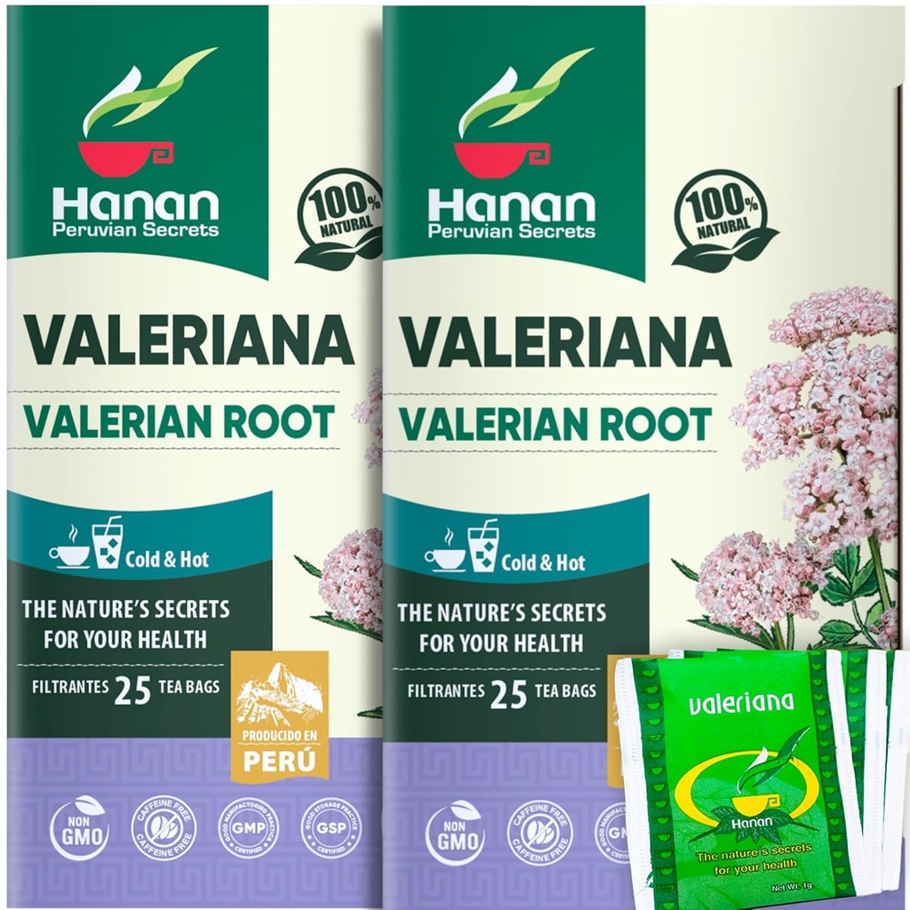 Hanan Valerian Koot Tea for Bedtime (50 worków) - Te de Valeriana, Herbal Calming Night Tea - 100% Czysta, Bez kawy, Nie-GMO, Herb z Peru - Opakowanie 2 Pudełka