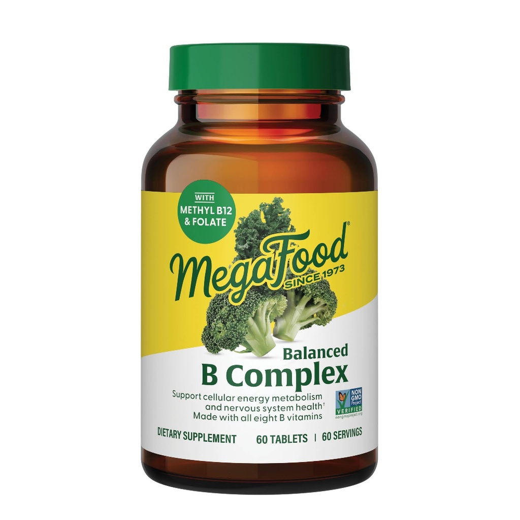 MegaFood Balanced B Complex - B Complex Vitamin Supplement - 8 B Vitamins Including Vitamin B6, Vitamin B12, Folate, Biotin & More - Supports Cellular Energy Production - Vegan, Gluten Free - 60 Tabs