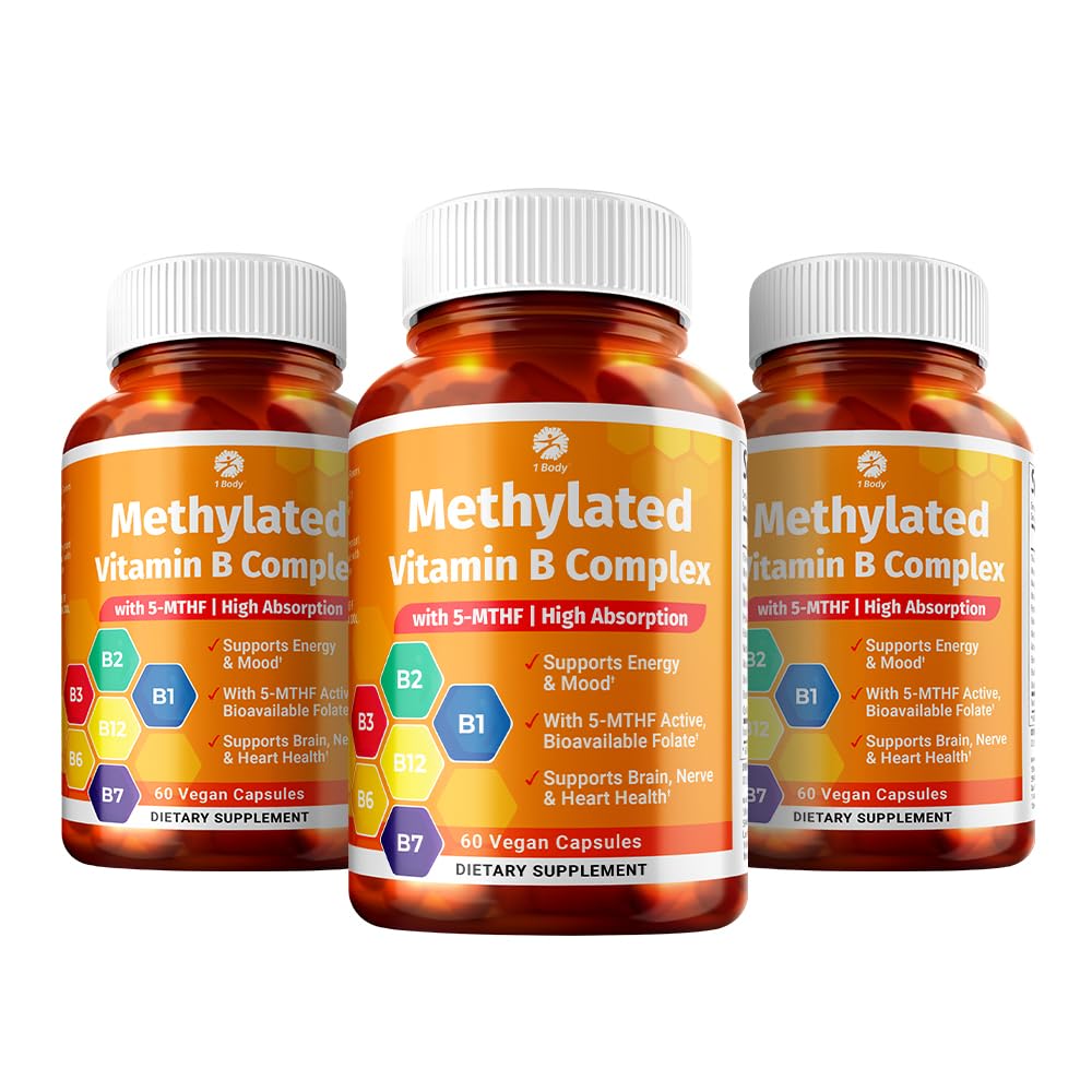 1 Body Witamina B Complex 3 Pack - Biodostępne witaminy B z 5-MTHF folianem, B1, B2, B5, B6, Metyl B12, Niacin & Biotin - Non-GMO, Wegan, Made in USA