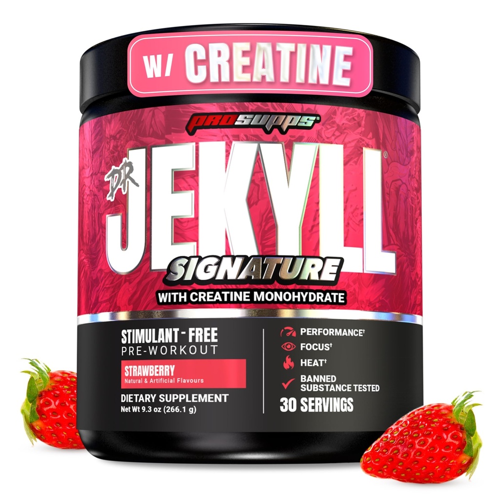 ProSupps Dr. Jekyll Signature Pre Workout Powder with Creatine - Free Stim- Precurrence obsługuje Focus & Endurance - Cefeine- Free Gym & Fitness Supplements (Truskawka, 30 Służenie)