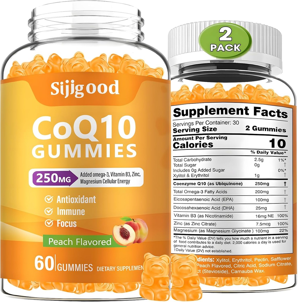 2 opakowania CoQ10 Gumiaki, Plus Omega-3, Witamina B3 i Cynk, Magnez, 5X Wysoka Wchłanianie Koenzym Q10 Suplementy, q10 dla Boost Cellular Energy, Potężny przeciwutleniacz & Mózg, Peach Flavor, 120 Cts