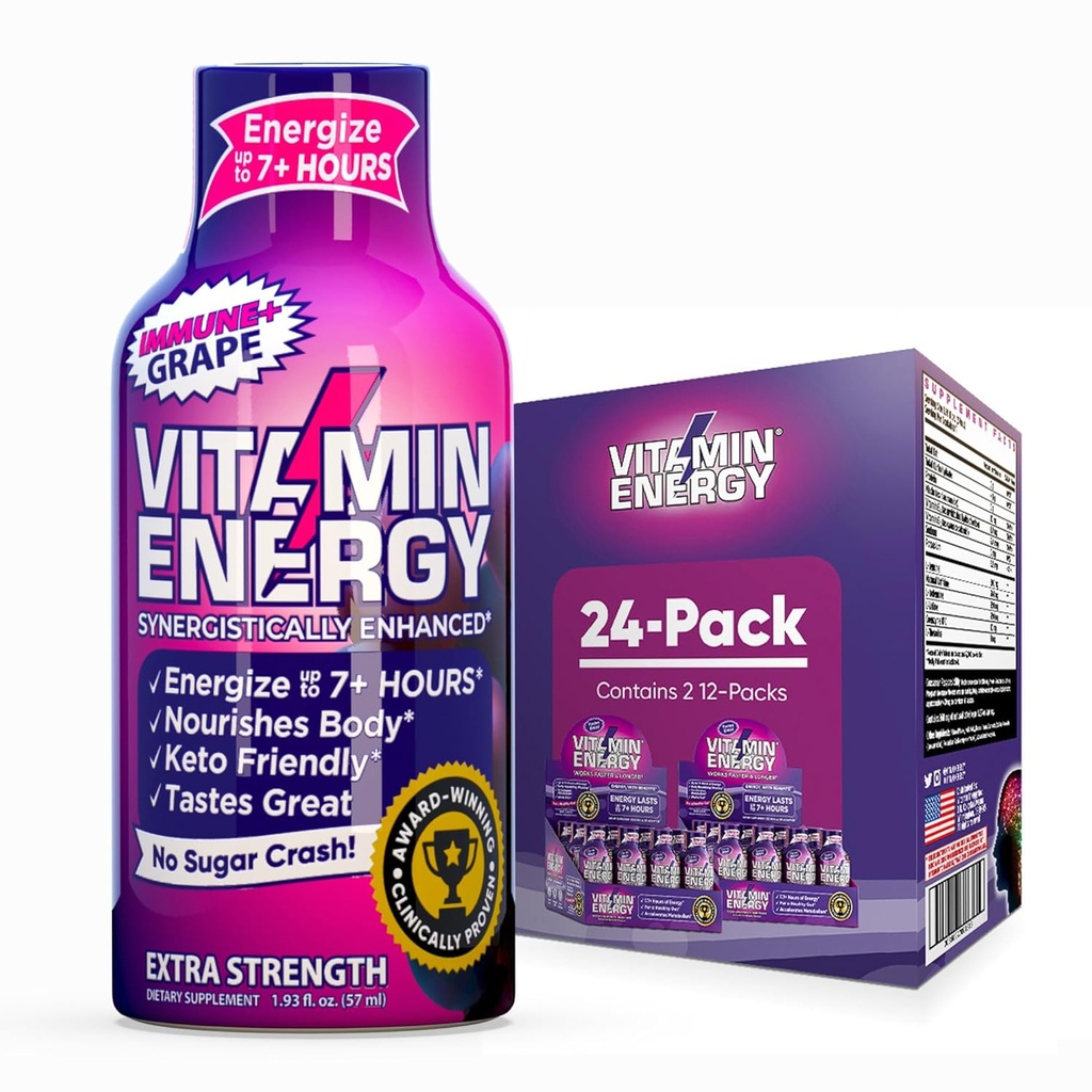 Witamina Energia Immune + Dodatkowa Siła Energia Grape 24 Pack, 260mg Naturalna kofeina, B- Witaminy, Citicoline, Zielona herbata, Immunitet i Focus Support, Zero Cukier, Gluten- Free 1.93 fl oz
