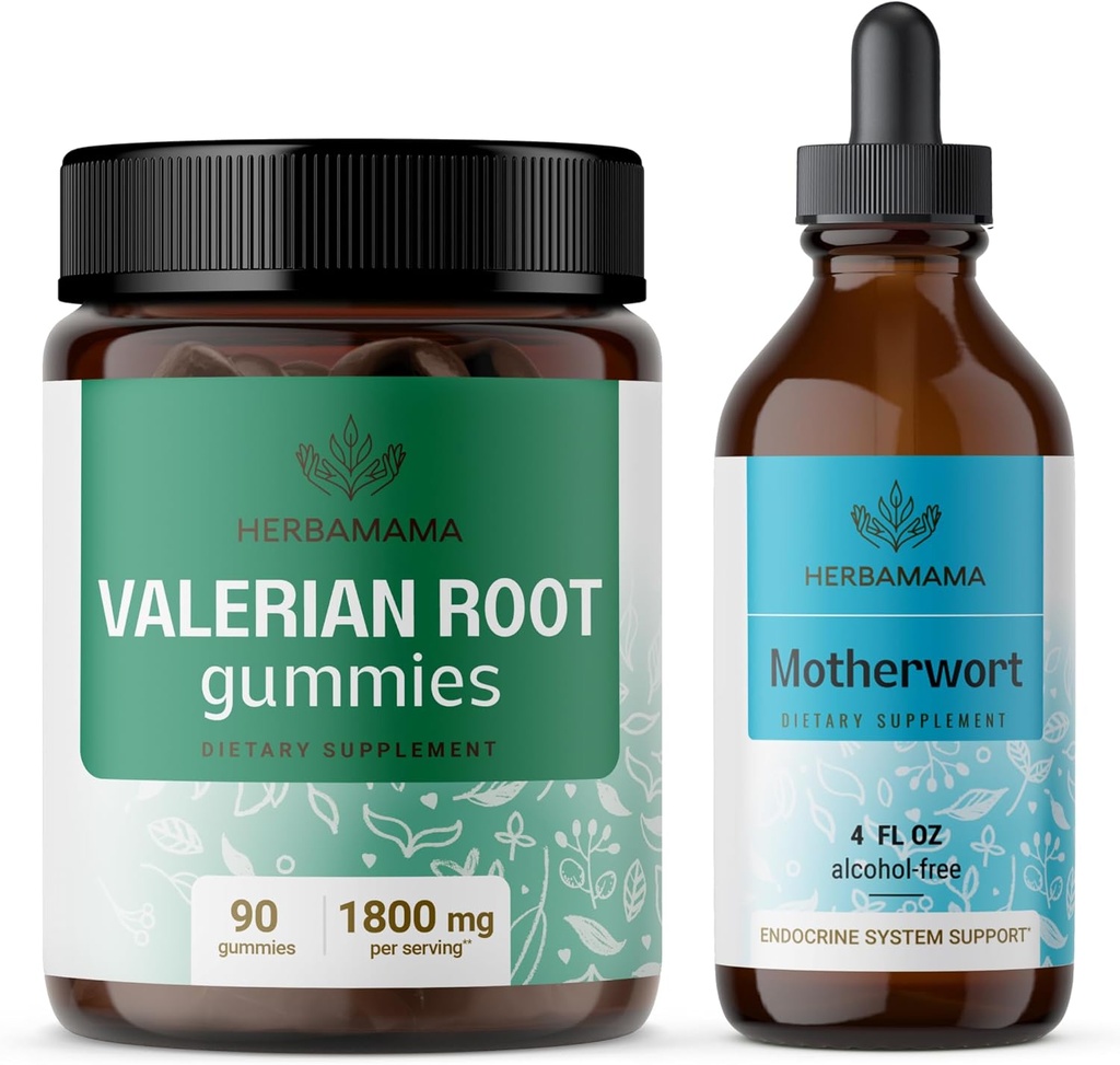 Zestaw HERBAMAMA Valerian i Motherwort - Zestaw 1800 mg walerianowych gumek korzennych i matczynych kropli płynnych - Wegan, Non-GMO, Żelatyna i Alkohol - 2 opakowania