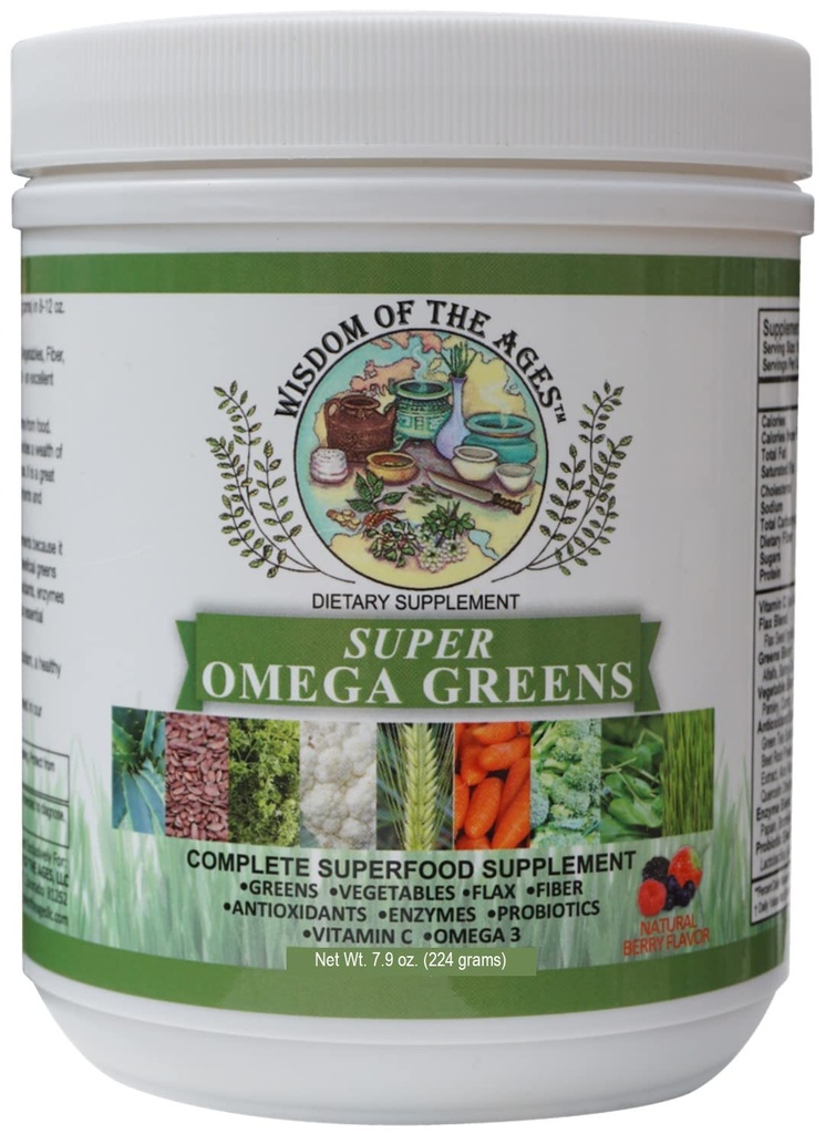 Super Omega Zielone Kompletne Superfood Suplement z Zielonych, Warzywa, Flax, Włókno, Przeciwutleniacze, Enzymy, Probiotyki, Witamina C i Omega 3- 7.9oz Proszek