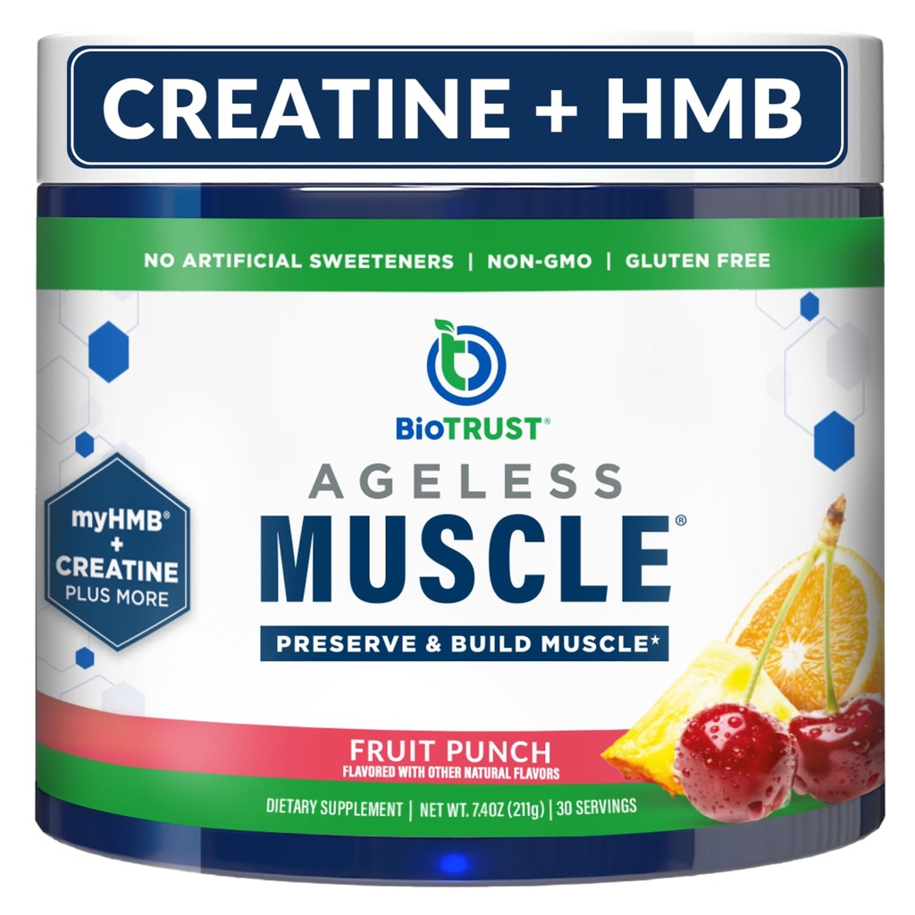 BioTrust Ageless Muscle Builder - Kreatywny proszek HMB z witaminą D3 & Betaine - Build & Reserve Natural Declining Muscle Mass & Force - Fruit Punch, 30 Służenia