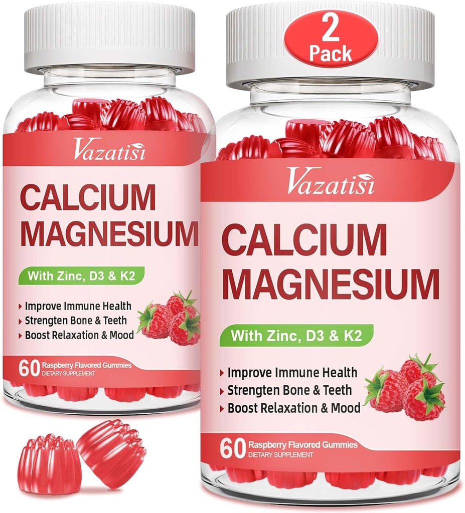 Magnezu wapnia Gummie cynku z witaminą D3 & K2, Wysoka absorpcja Magnezu Glicynian potasu do immunologicznego i spokojnego nastroju, Malina Flavor 120 Gummies