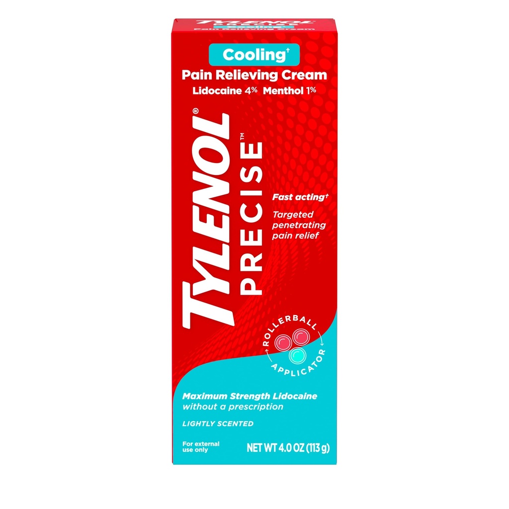 Tylenol Precyzyjny krem do chłodzenia, maksymalna wytrzymałość 4% Lidokaina i 1% Mentol Tematyczny analgesic, Pain Relief Cream for Back, Muscle & Joint, Rollerball Applicator, Fast- Acting, Light Scent, 4 oz