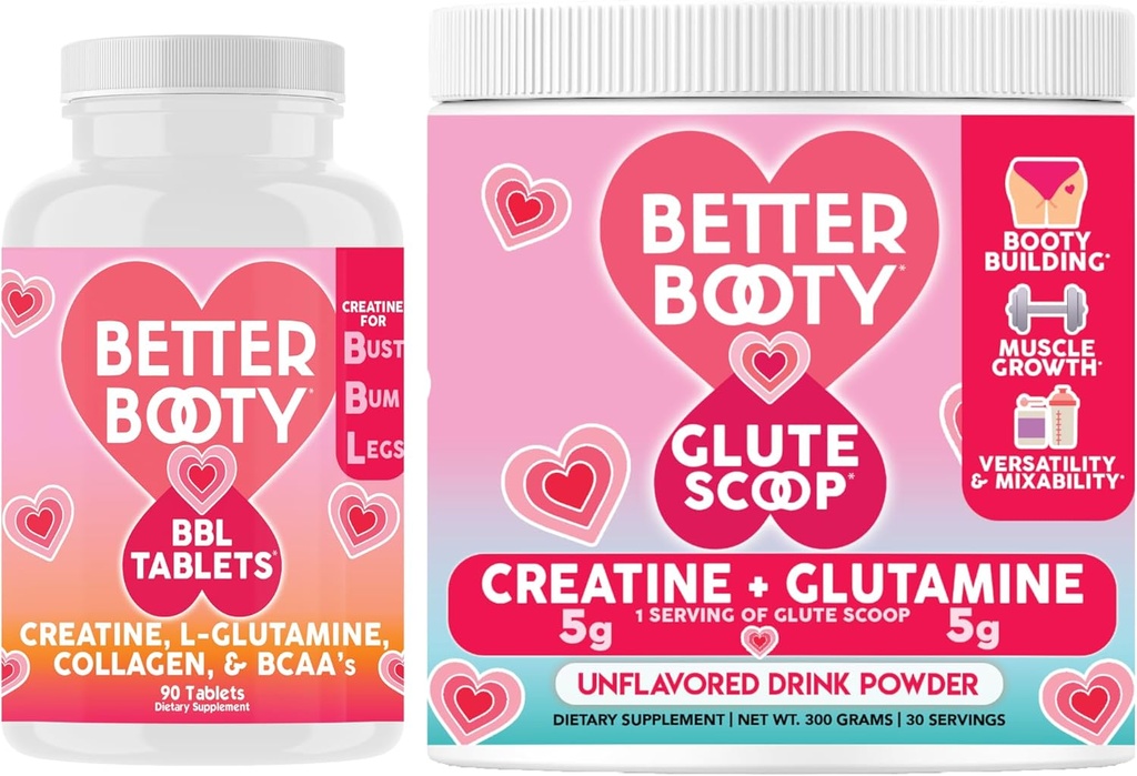 Angry Supplements Better Booty Women 's Creatine Combo: BBL Tablets (90ct) w. Kreatyna, Glutamina, BCAA' s, Collagen + Glute Scoop Creatine & Glutamina Unflavored Drink Mix