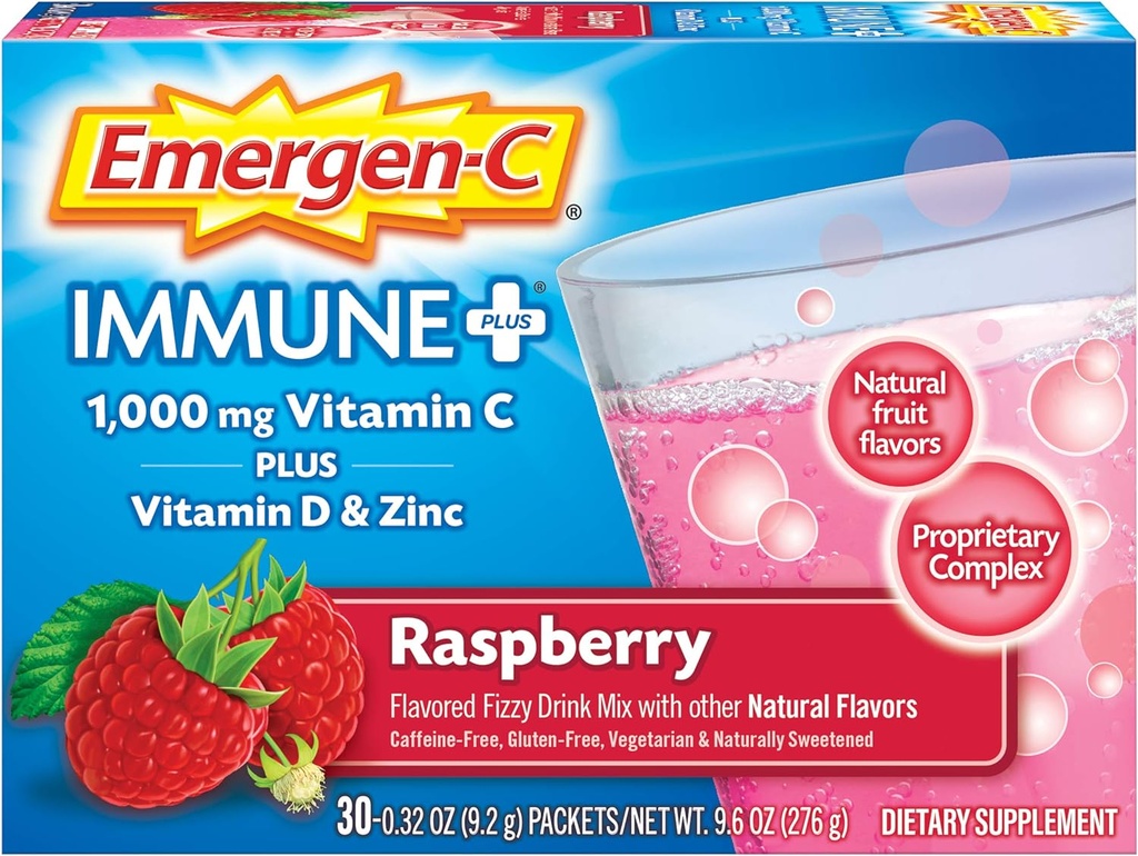 Emergen- C Immunitet + 1000mg Witamina C Proszek, z witaminą D, Cynk, Przeciwutleniacze i elektrolity dla odporności, Immune Support Dietetyczny Suplement, Malina Flavor - 30 Count / 1 Miesiąc dostaw