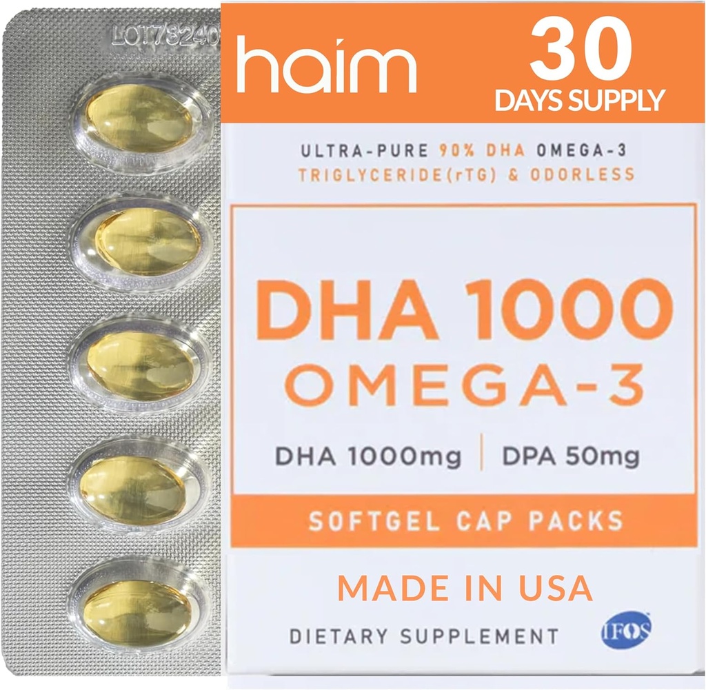 HAIM DHA 1000 Omega-3 Fish Oil - 90% Czystość z 1000mg DHA, 50mg DPA - Wysokiej mocy Fish Oil Supplement for Brain, Eye & Heart Support - Promotes ogólny Wellness & Focus - 1 Box, 60 Softgels