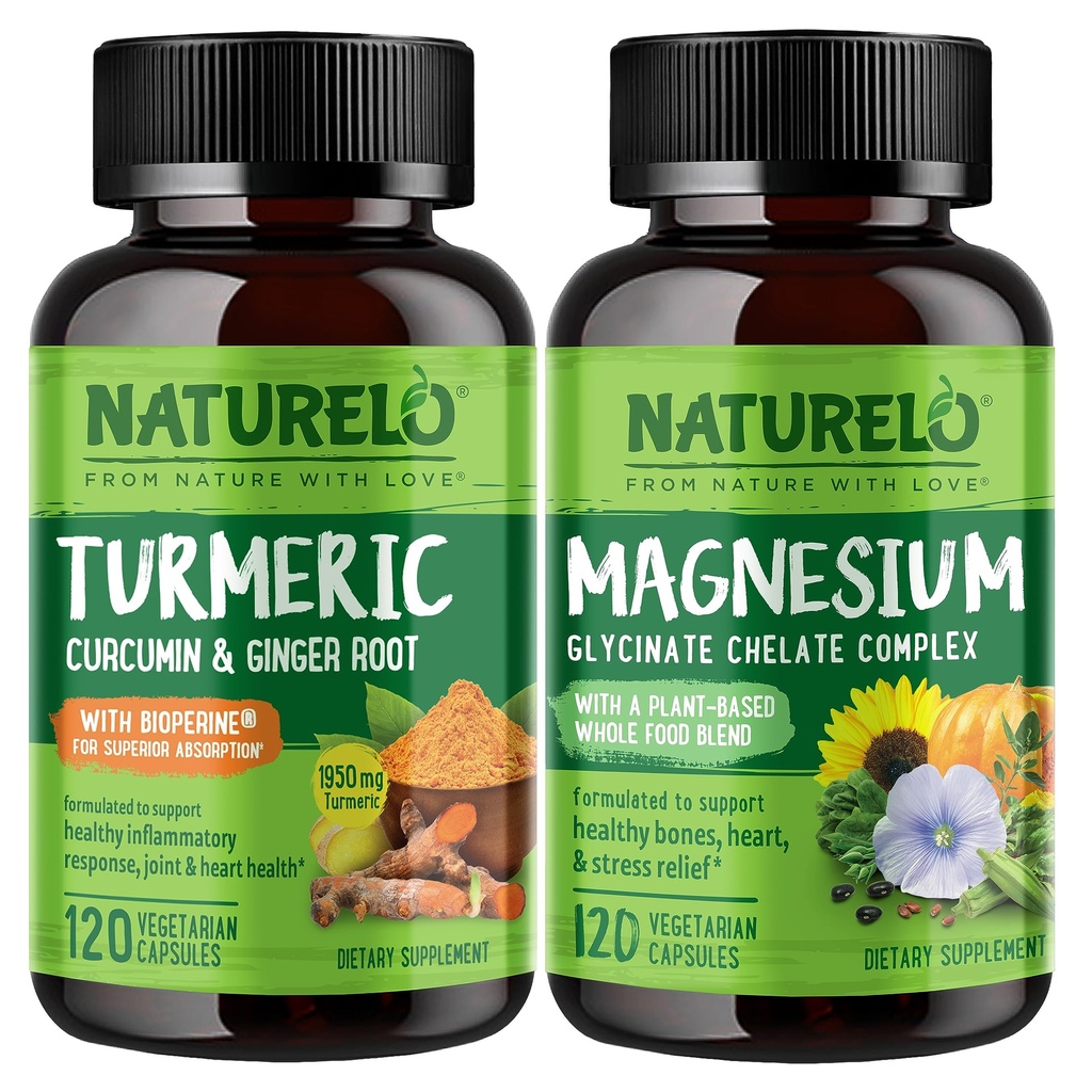 NATURELO Kurkumina Tumeryczna, Wspólne wsparcie na bazie roślin, Glicynian magnezu, 200 mg Magnezu - Bez glutenu, Nie GMO - 120 Kapsułki