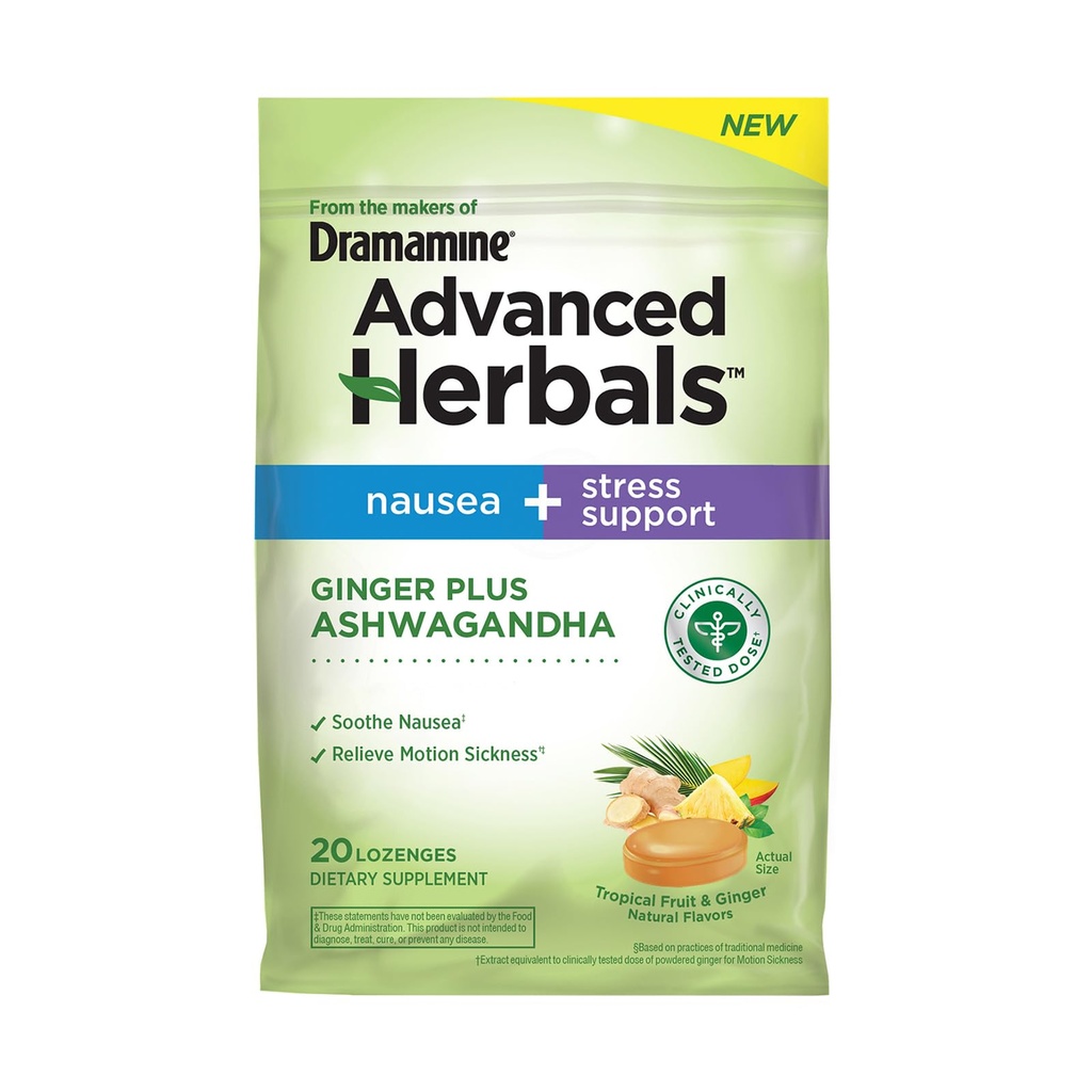 Z Makers of Dramamine, Advanced Herbals Ginger & Ashwagandha Lozenges, dla Nudności Pomoc i Stress Support, Tropical Fruit i Ginger Flavor, 20 Count