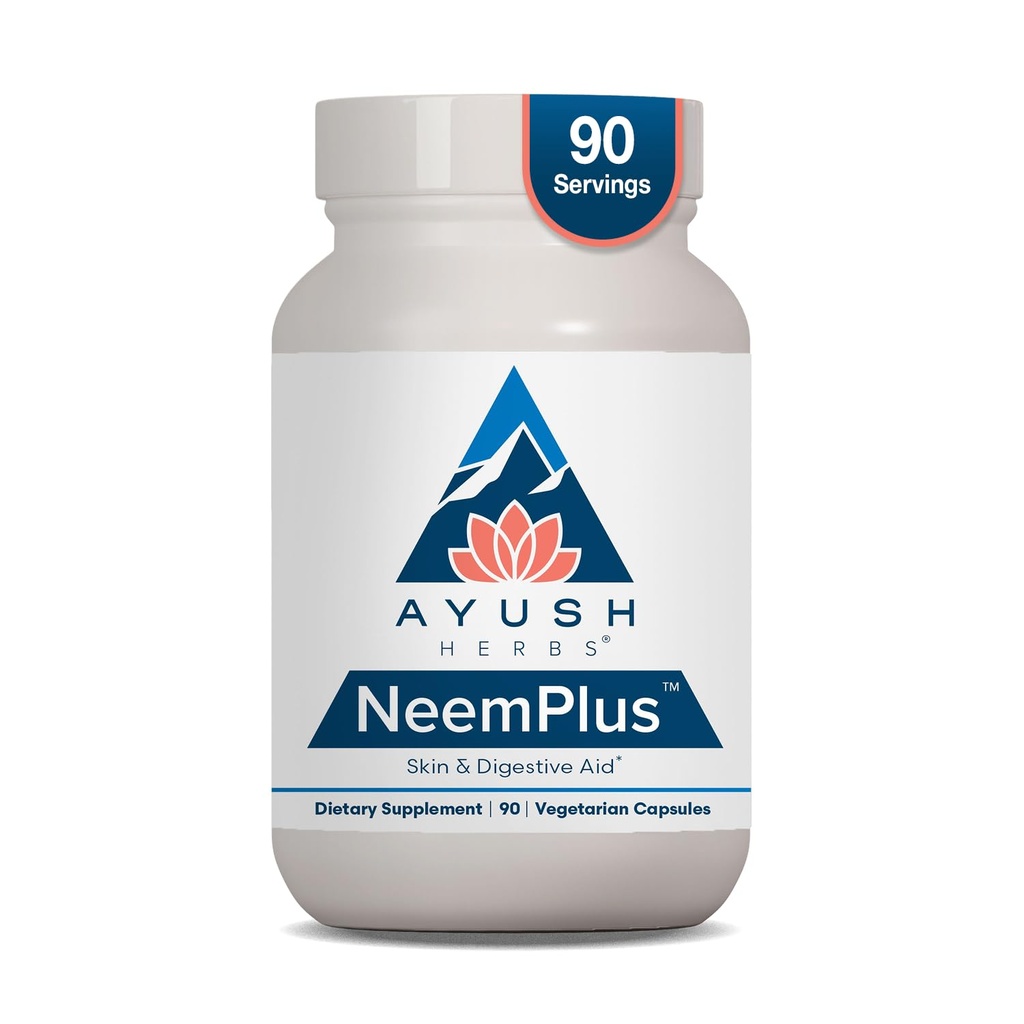 Ayush Herbs Neem Plus - Żywność Zdrowie dla Kobiet i Mężczyzn, Gut Support Supplement for Stomach & Skin Health, Immune Support - 90 Kapsułki wegetariańskie (1 Hrabia)