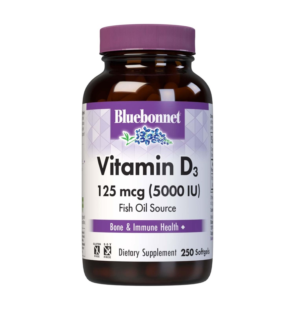 Bluebonnet Nutrition Witamina D3 5000 j.m. Softgels, Pomoc w mięśniach i wzrost szkieletu, Cholecalciferol z oleju rybnego, Nie GMO, Gluten Free, Soy Free, Dairy Free, Żółty, 250 Softgels