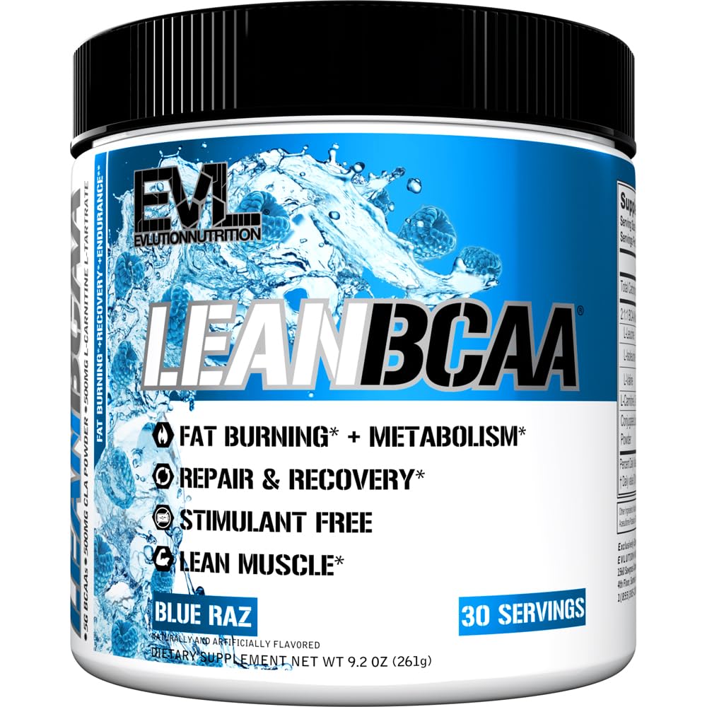 Evlution Stymulant wolny Lean BCAA Proszek Żywienie BCAAs Amino Kwasy Proszek z CLA Karnityna i 2: 1: 1 Rozgałęziony łańcuch Amino Kwasy wspomaga odzysk tkanki tłuszczowej i metabolizmu - Blue Raz