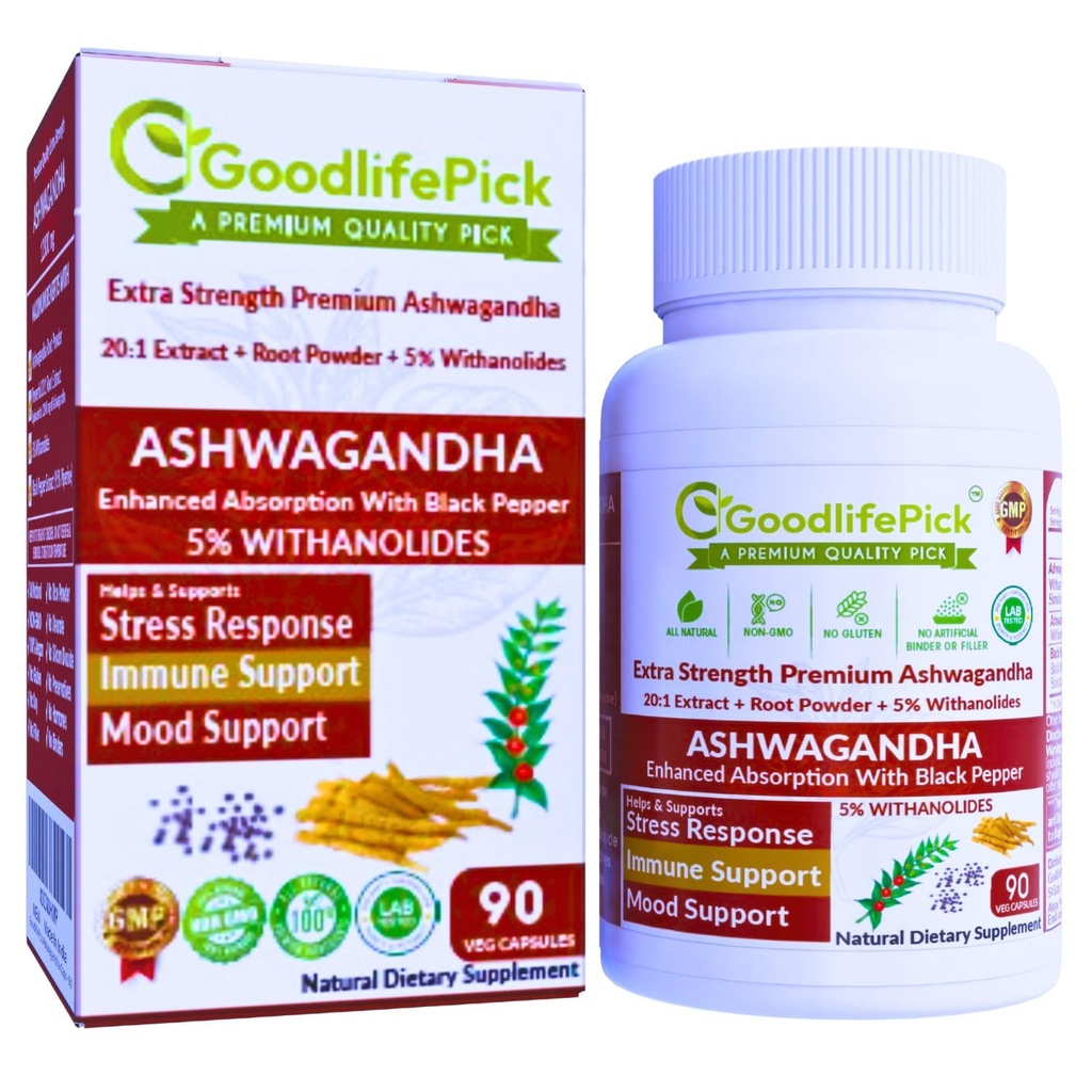Premium Ashwagandha Kapsułki z Black Pepper. Potężny 5% Wthanolides z Ashwagandha Proszek & 20: 1 Wyciąg 90 ct. Natural NonGMO NO Rice Proszek NO Filler