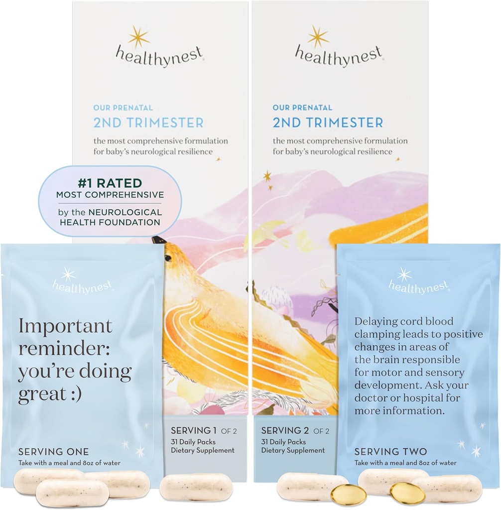 HealthyNest 2nd Trimester Prenatal Witamina 124; Wsparcie ciążowe dla rozwoju mózgu płodu z metylofolianem, Cholina, DHA, Żelazko, Inozytol 124; 31 Day Supply