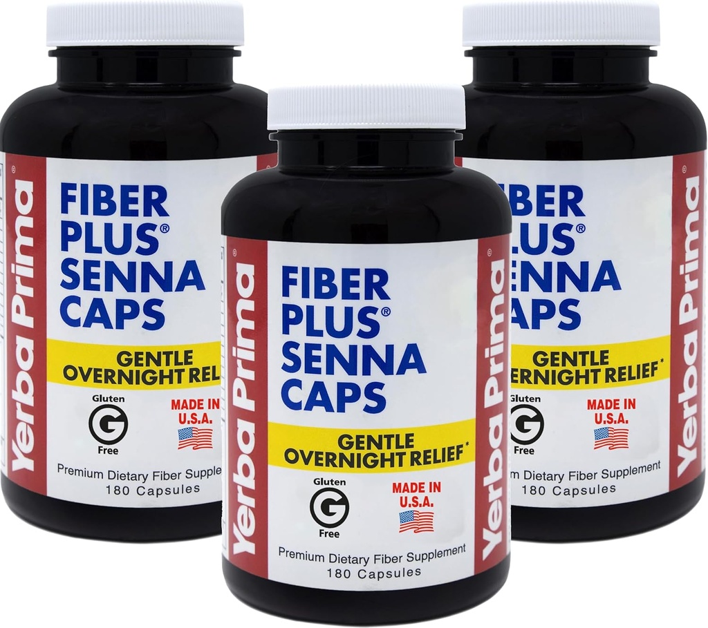 Yerba Prima Fiber Plus Kapsułki Senna, 180 Count (3 Pack) - Delikatna nocna ulga, USA Made, Non-GMO, Gluten- Free