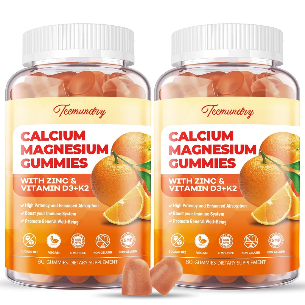 Magnezu wapniowego Gummie cynku z witaminą D3 & K2 - Wysoka absorpcja Magnezu Glicynian 400mg - Suplement wapnia bez cukru - Wsparcie Nerve Muscle Mood & Immunitet - dla dorosłych Mężczyźni Kobiety Dzieci