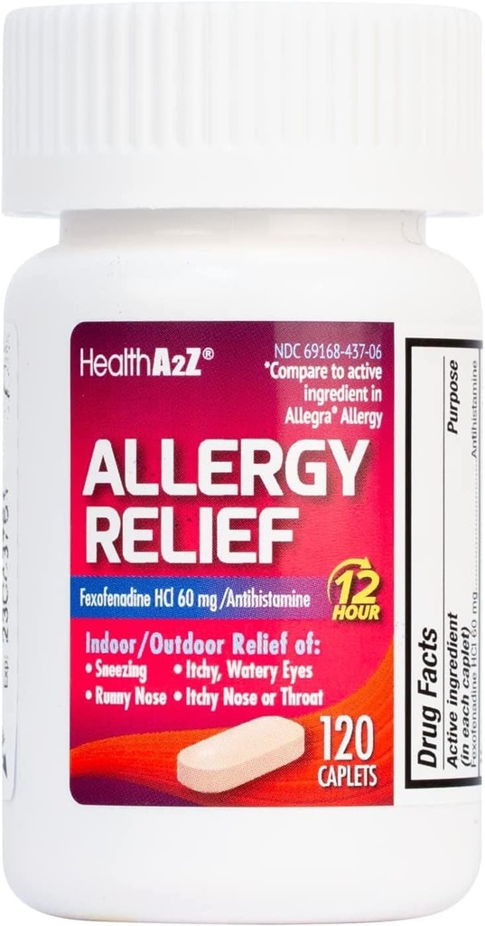HealthA2Z ® Fexofenadyna Hydrochloride 60mg XI124; 12- godzinna antyhistamina na ulgę alergiczną 124; Wewnętrzna i zewnętrzna ulga alergiczna (120 Counts (Pack of 1))