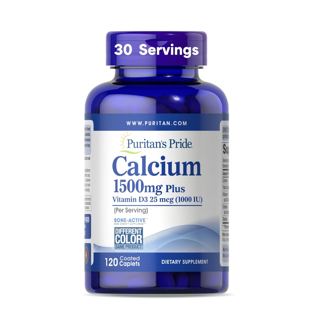 Puritan 's Pride Absorbable Wapń 1500 mg Plus Witamina D3 25mcg 1000 IU, Suplement diety dla kości Siła, Serce, Nerwy, Mięśnie, i Wsparcie immunologiczne, 120 Kaplety powlekane