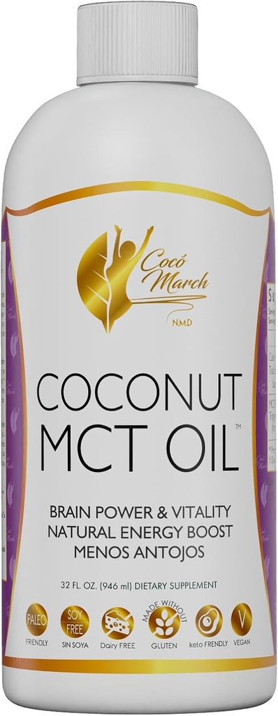 Cocó March N.M.D MCT Oil - Intermittent Post Support, Metabolizm, Moc mózgu Boost, Natural Energy from Coconut, Free from Gluten, Dairy, Soy, Vegan & Keto- Friendly, 32 Fl Oz