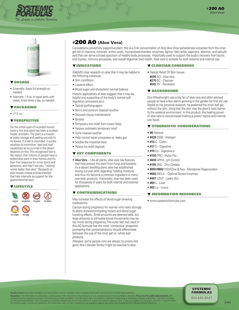 Parametry systemowe Aloe Vera # 200- 16 oz Premium Grade for Digestive Health and Wellness - Ekstrakt Pure Aloe Vera