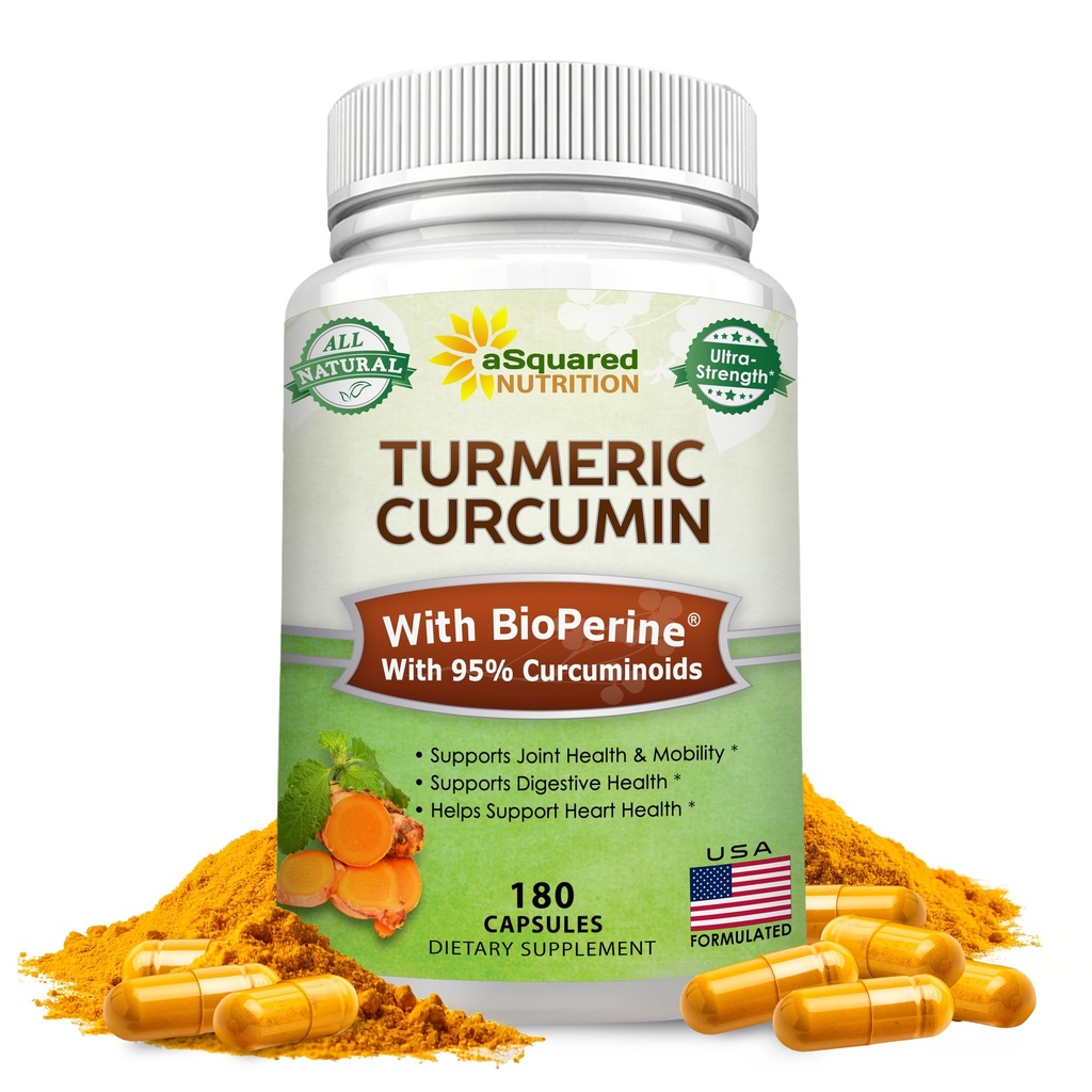 aSquared Nutrition Kurkumina Turmerowa 1300mg z BioPerine Black Pepper Extract - 180 Kapsułek - z 95% Kurkuminoidy, 100% Naturalne Tumeryczny proszek korzeniowy, Czyste i wspólne tabletki sztywność