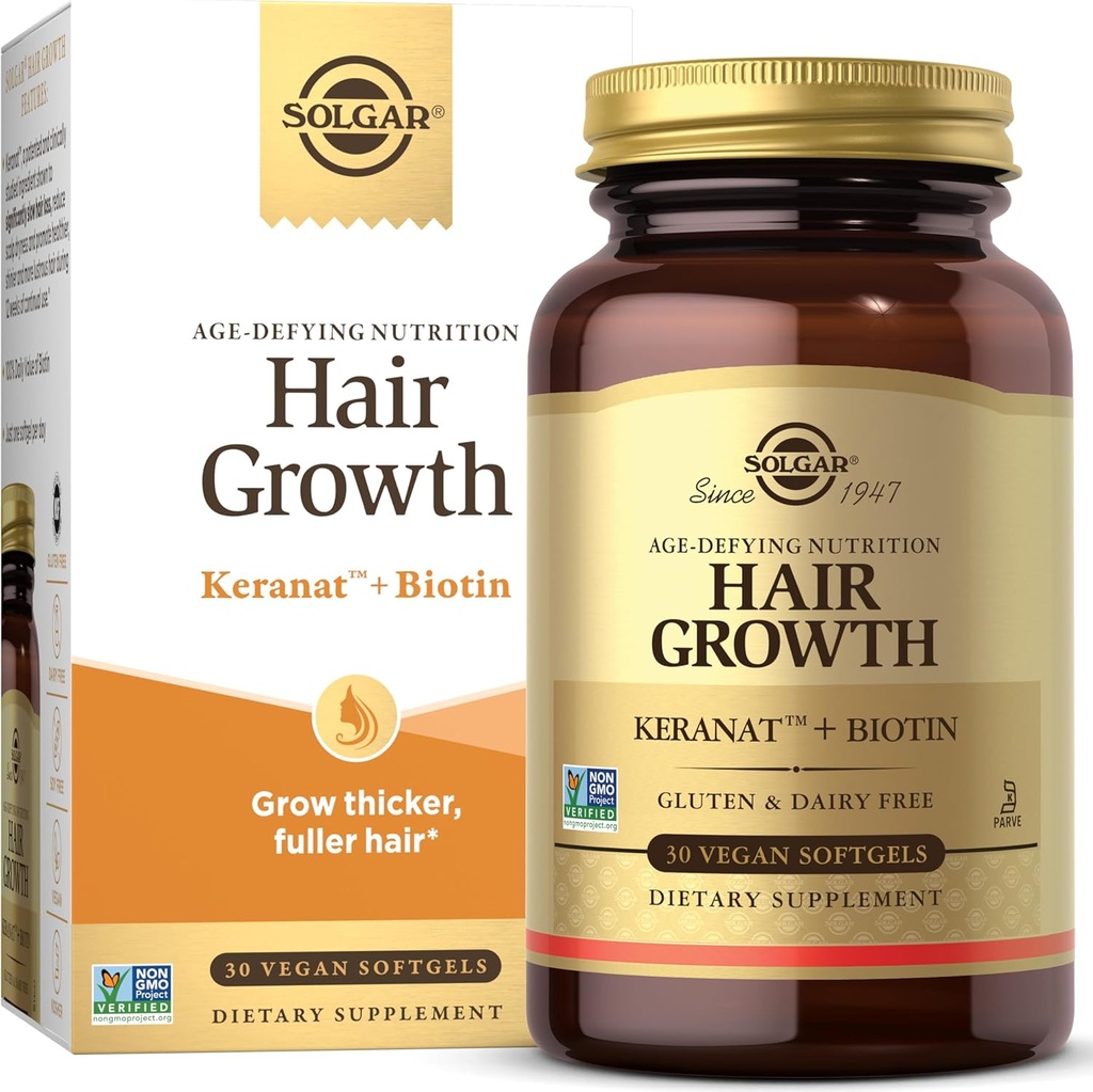 Solgar Hair Growth Supplement for Thicker Fuller Hair with Keranat Oil, Biotin, Cynk and Copper, Supplement Hair Health, Age- Defying Nutrition for Men and Women, 30 Służenia