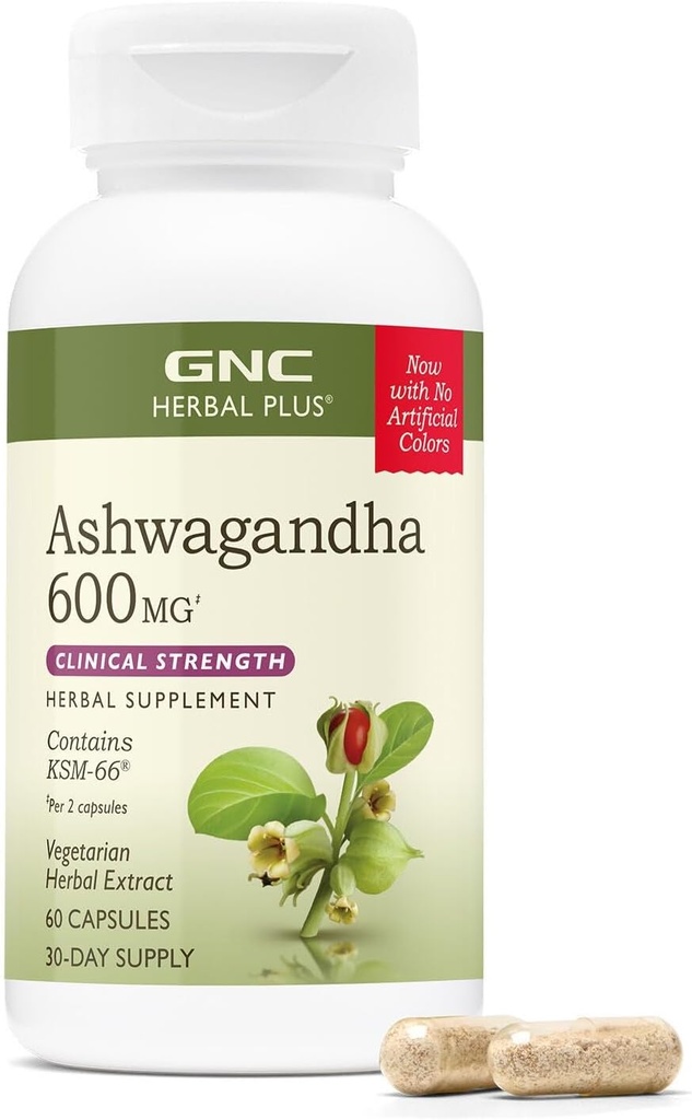 GNC Herbal Plus Ashwagandha 600mg Suplement, Siła kliniczna, Wegetarianin, Stress Relief Support, 30 Służenia