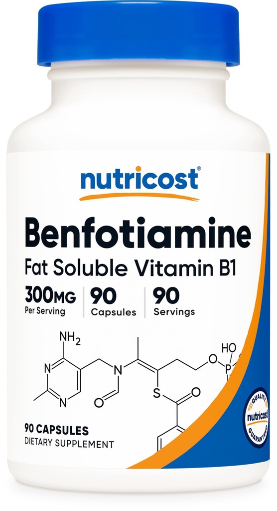 Nutricost Benfotiamina 300mg, 90 Kapsułki - Gluten Free, Non-GMO i Wegetariański Przyjazny Tłuszcz Rozpuszczalny Witamina B1
