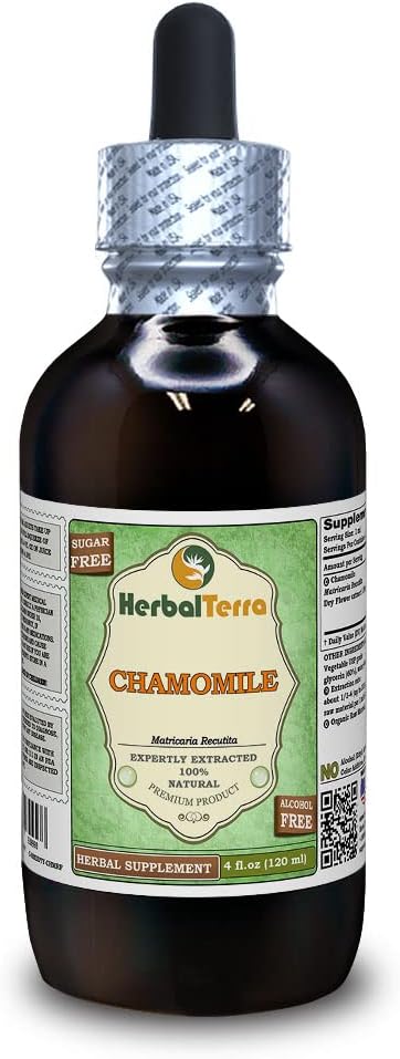 Rumianek (Matricaria Recutita) Gliceinit, Organiczny Suszony Kwiat Alkoholowy Bezwodny Ekstrakt Płynny (Nazwa marki: HerbalTerra, Proudly Made in USA) 4 fl.oz (120 ml)