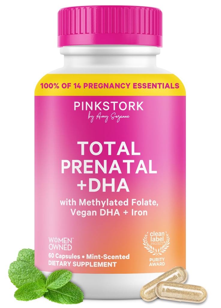 Pink Bocian Total Witaminy prenatalne z DHA, Folate, Żelazo, Cholina i Witamina B12 - Przewidywanie Żywienie - Prenatals dla kobiet, Essentials ciążowe - Mint Essence, 60 Kapsułki, 1 Miesiąc dostaw