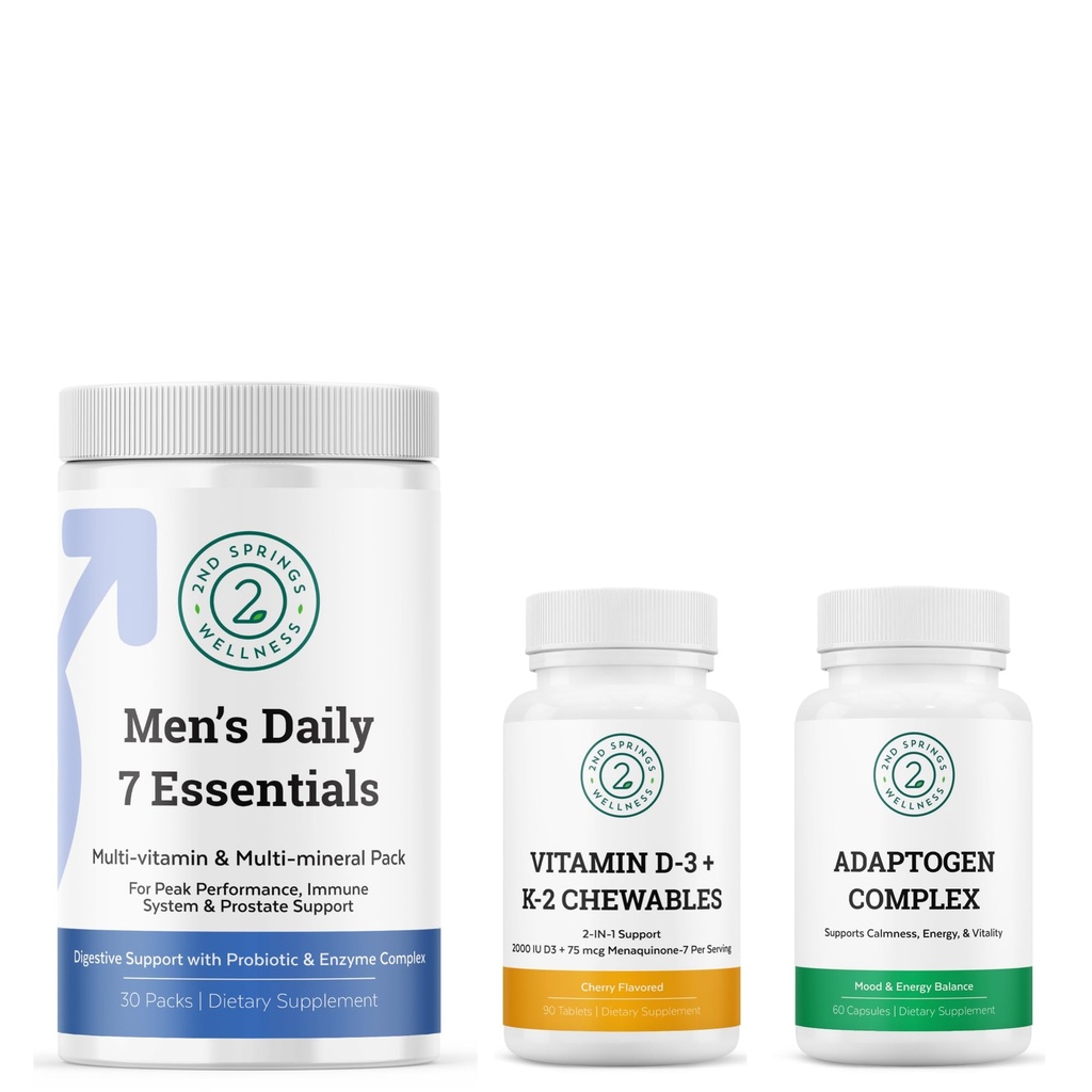 Men 's Daily 7 Essentials, Adaptogen Complex & Witamina D3 + K2 Chewables Bundle
