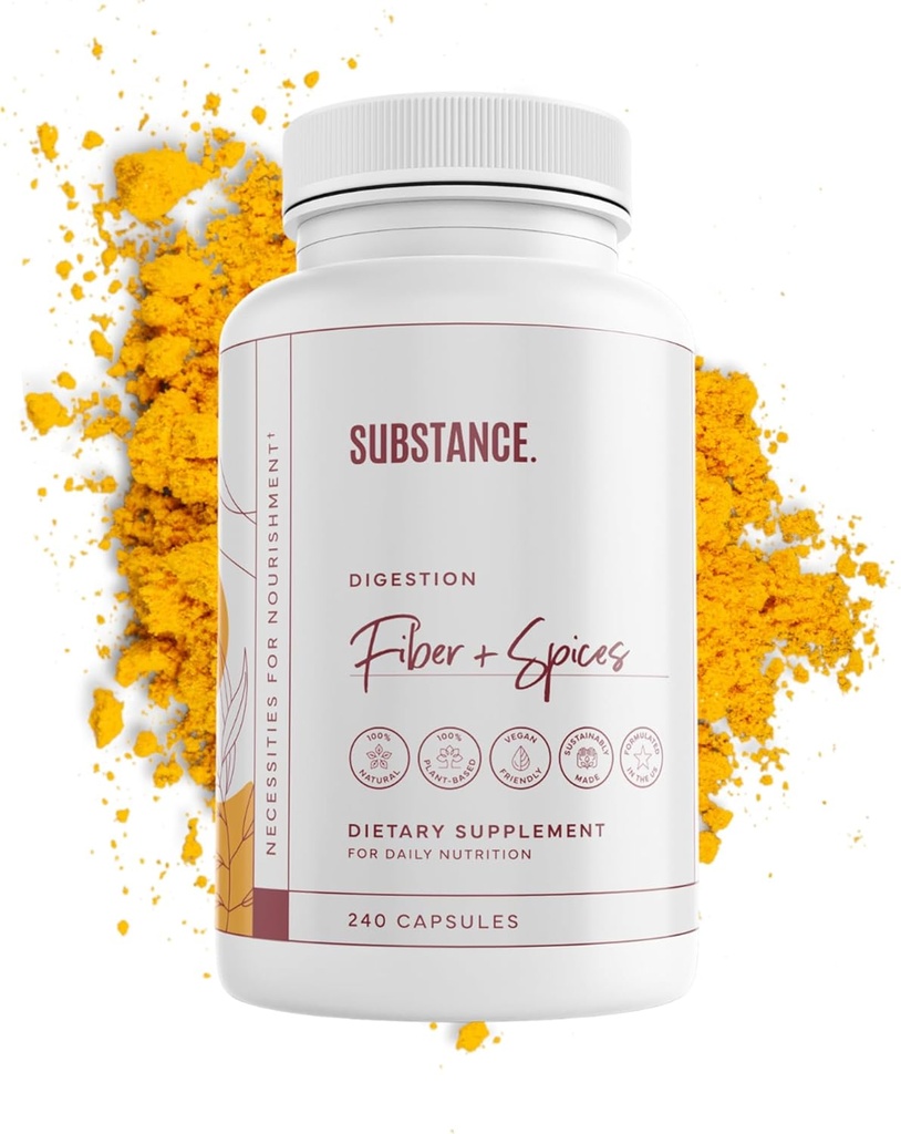 Substancje pomocnicze. - Fiber & Spices for Digestive Wellness - Wspiera Colon Cleanse - Spreparowane z Pyllium Husk, Flax Seed & Ginger - Suplement diety Fiber - Vegan- Friendly - 240 kapsułki