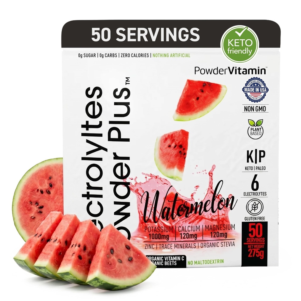 Electrolytes Powder Plus (50 Servings), 0 Calorie Keto, 0 Cukier, No Maltodekstryna, 1000mg potasu, 120mg wapnia, 120mg magnezu, Proszek nawadniający (50 Servings, Arbuz)