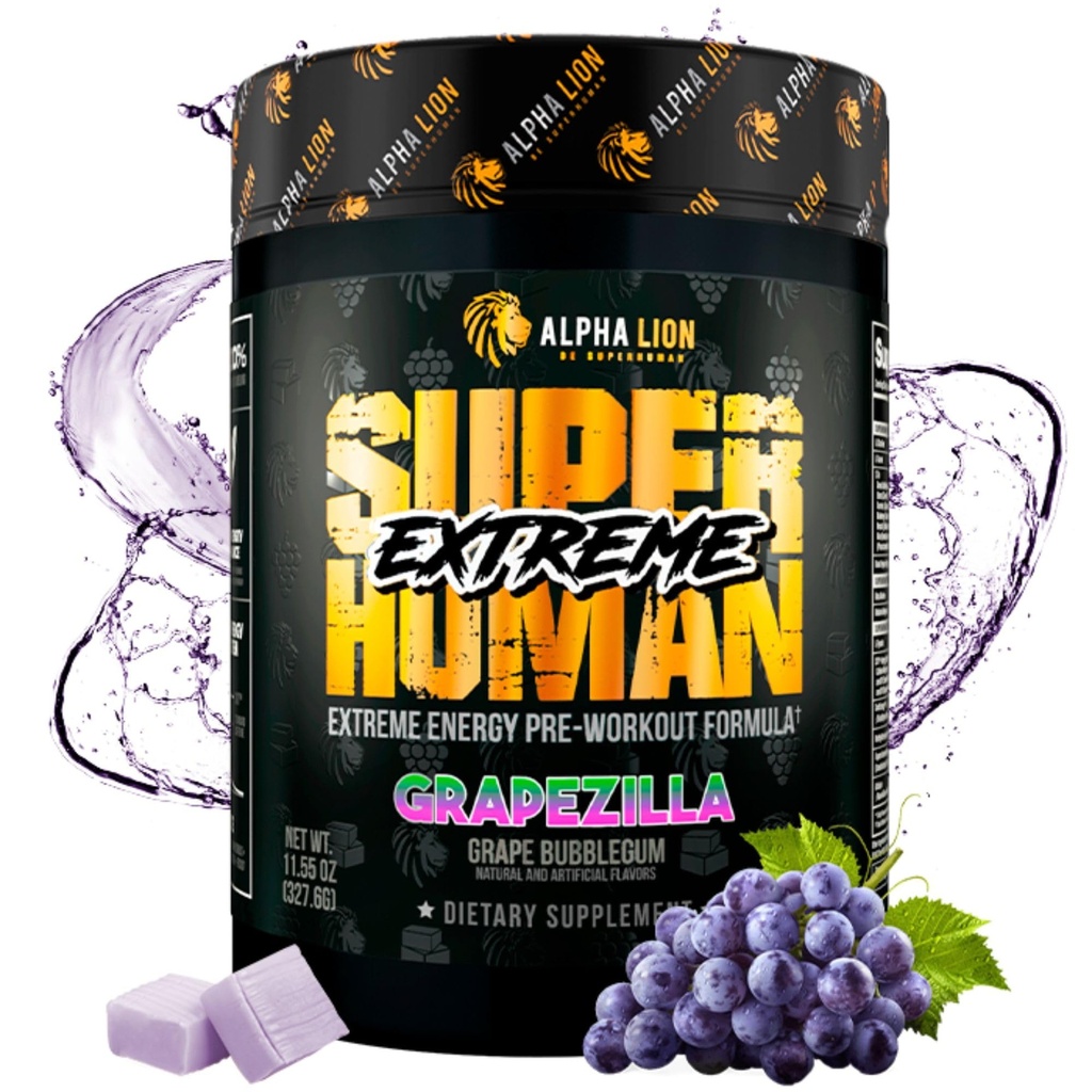 ALPHA LION Superhuman Extreme High Stim Pre Workout Powder, Beta Alanine, L- Tauryne & 356mg TriSource Cafeline for Trwała Energia, tlenek azotu i cytrulina dla pompy (21 Servings, Grape Flavor)