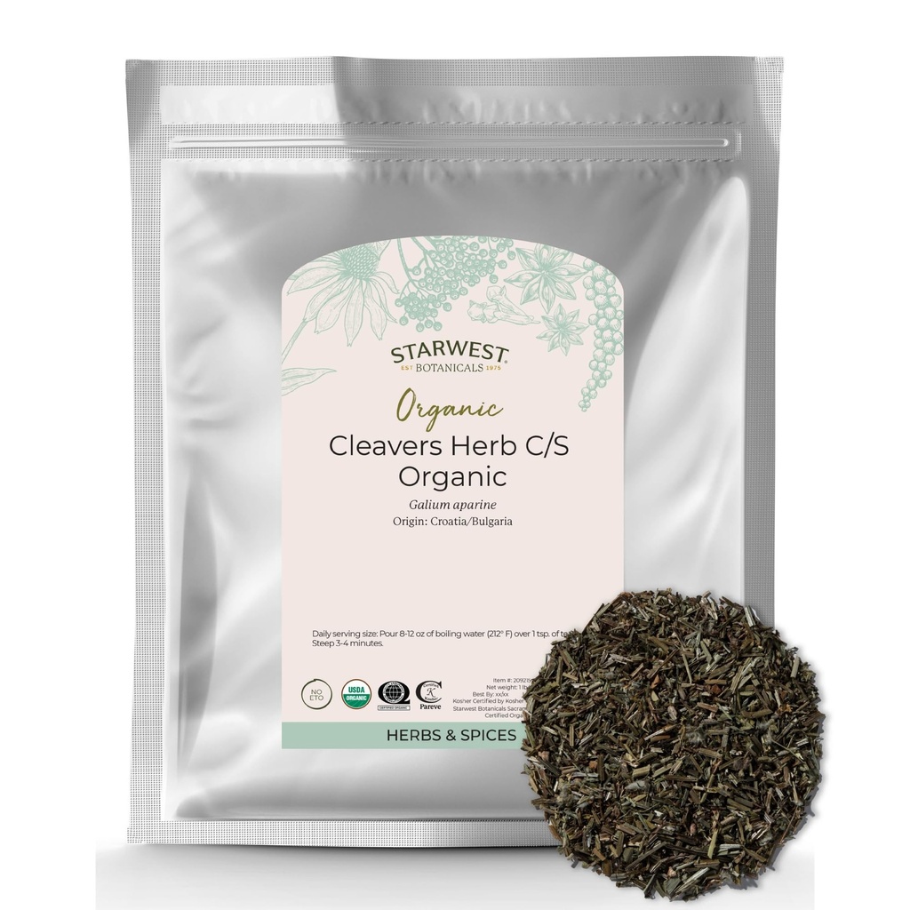 Starwest Botanicals Cleavers Herb Organic - Suszony Loose Leaf Herb do herbaty, nalewki, & Mieszanki ziołowe, Natural Wellness Support for Women & Men, Cut & Sifted, Certified Kosher, Non-GMO - Bulk 1 lb Bag