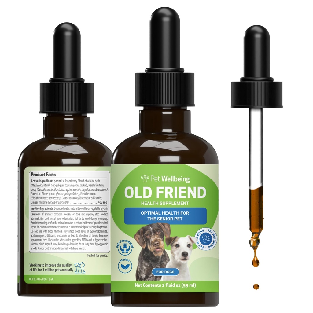 Pet Wellbeing Old Friend for Senior Dogs - Wspiera zdrowie układu immunologicznego, mobilność stawów, zdrowe poziomy energii, Alfalfa, Reishi - Veterinarian-Supplement Herbal 2 oz (59 ml)