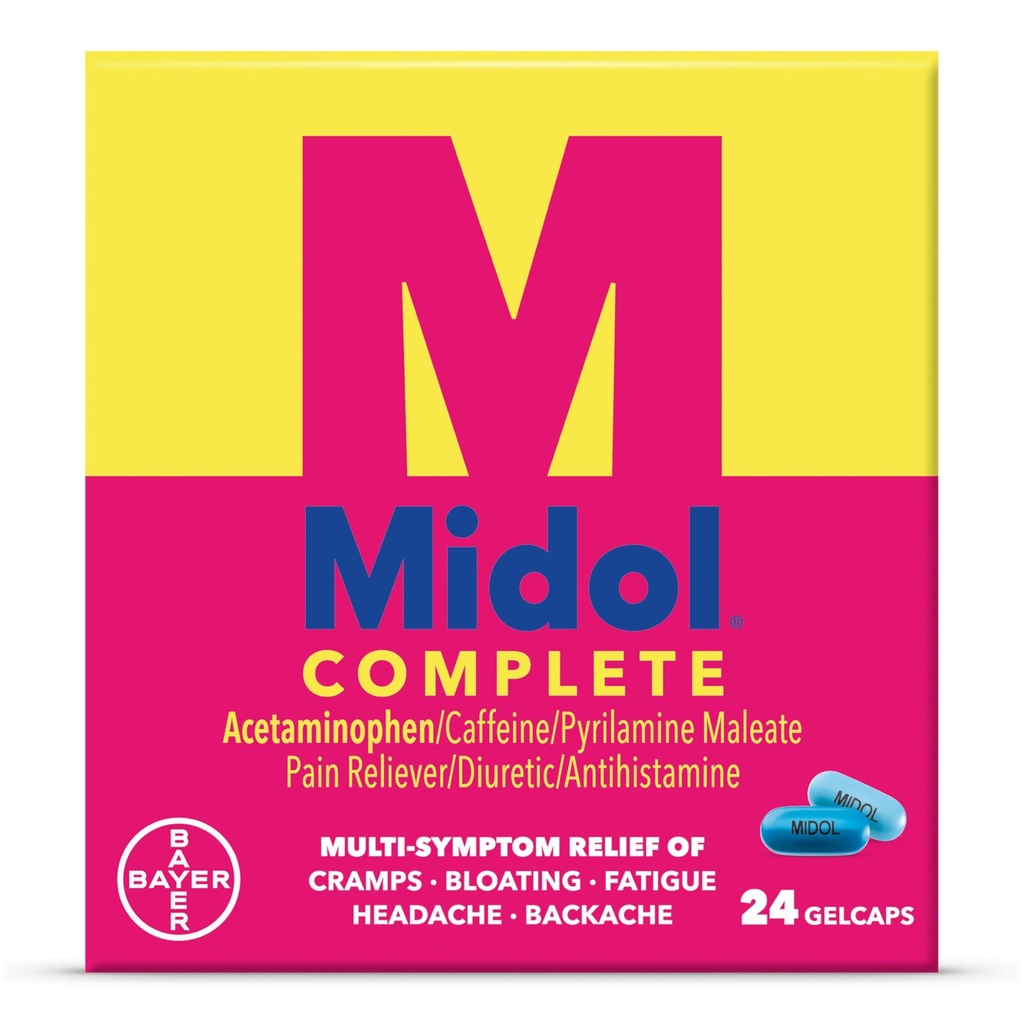 Midol Complete Gelcaps 24ct: Midol Complete Menstrual Pain Relief Gelcaps z Acetaminophen dla objawów menstruacyjnych, PMS Relief, and Period Cramp Relief - 24 Count (Packaging May Vary)